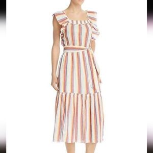 Revolve Saylor Goldia Tiered Rainbow Stripe Gauzy Cotton Ruffle Maxi Dress Small